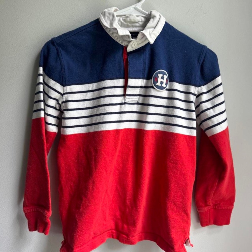 Tommy Hilfiger kids boys rugby shirt with navy, white, and red color blocking